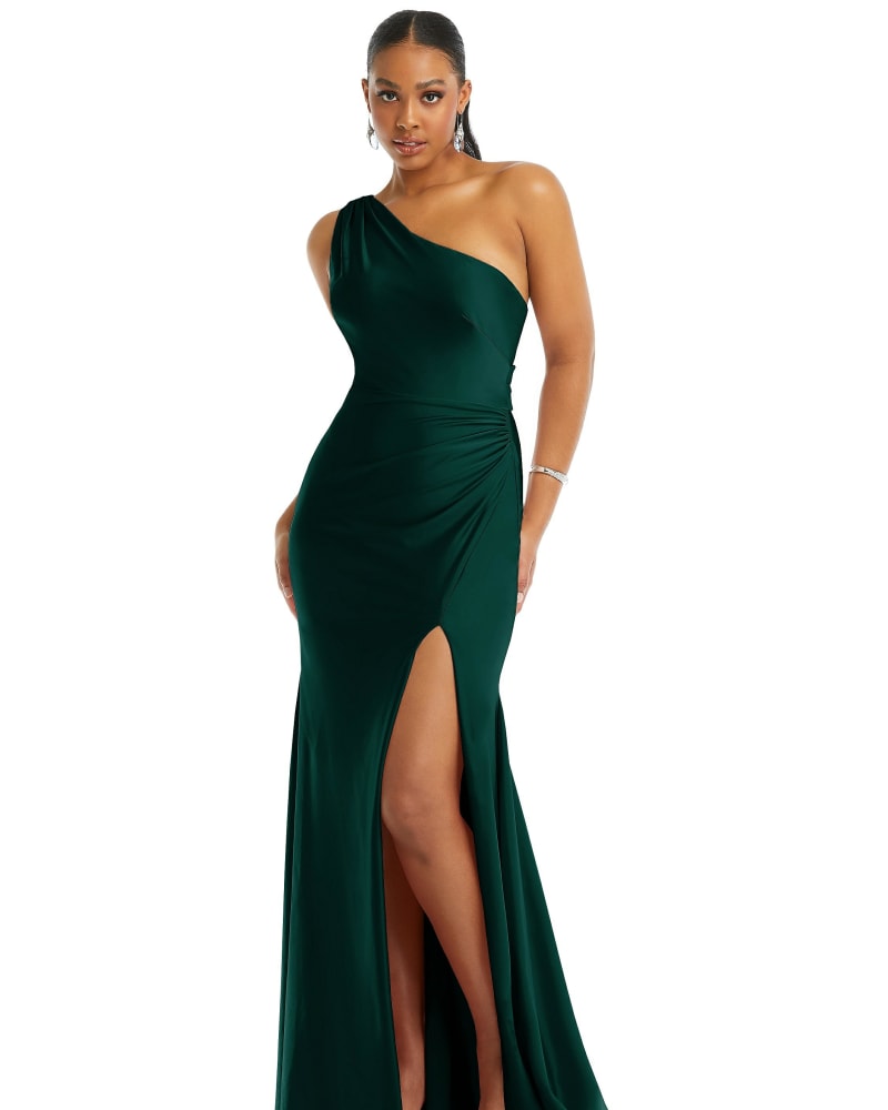 Front of a model wearing a size XXL One-Shoulder Asymmetrical Cowl Back Stretch Satin Mermaid Dress in Evergreen by Cynthia & Sahar. | dia_product_style_image_id:301256